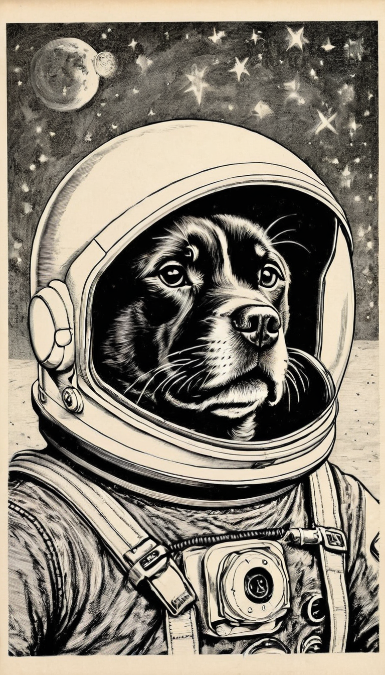 dog on the moon space helmet <lora:vntg-line-art-v2:1> vntg, line-art