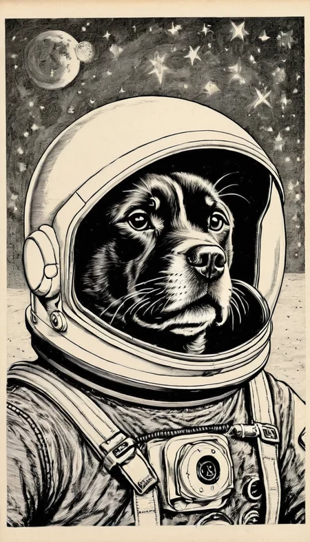 dog on the moon space helmet <lora:vntg-line-art-v2:1> vntg, line-art