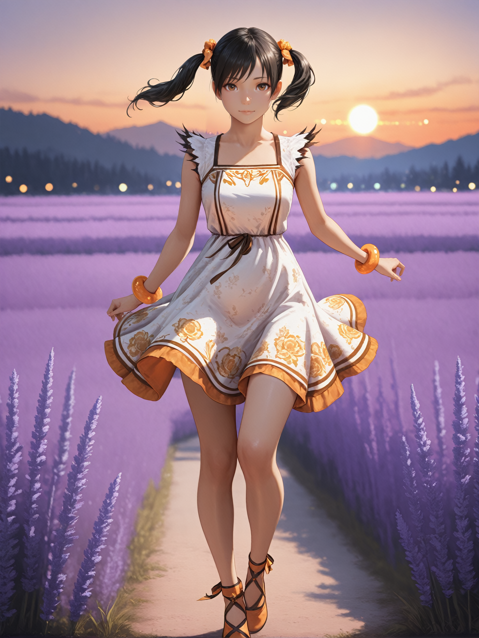 masterpiece, best quality, amazing quality, very aesthetic, absurdres, newest,
<lora:ILTKXiaoyu:1.0>
TKXiaoyu, 1girl, twin tails, black hair, brown eyes, looking at viewer, floral sundress, lavender field, sunset glow, soft bokeh, ultra-high-definition, painterly details, full body, dynamic pose