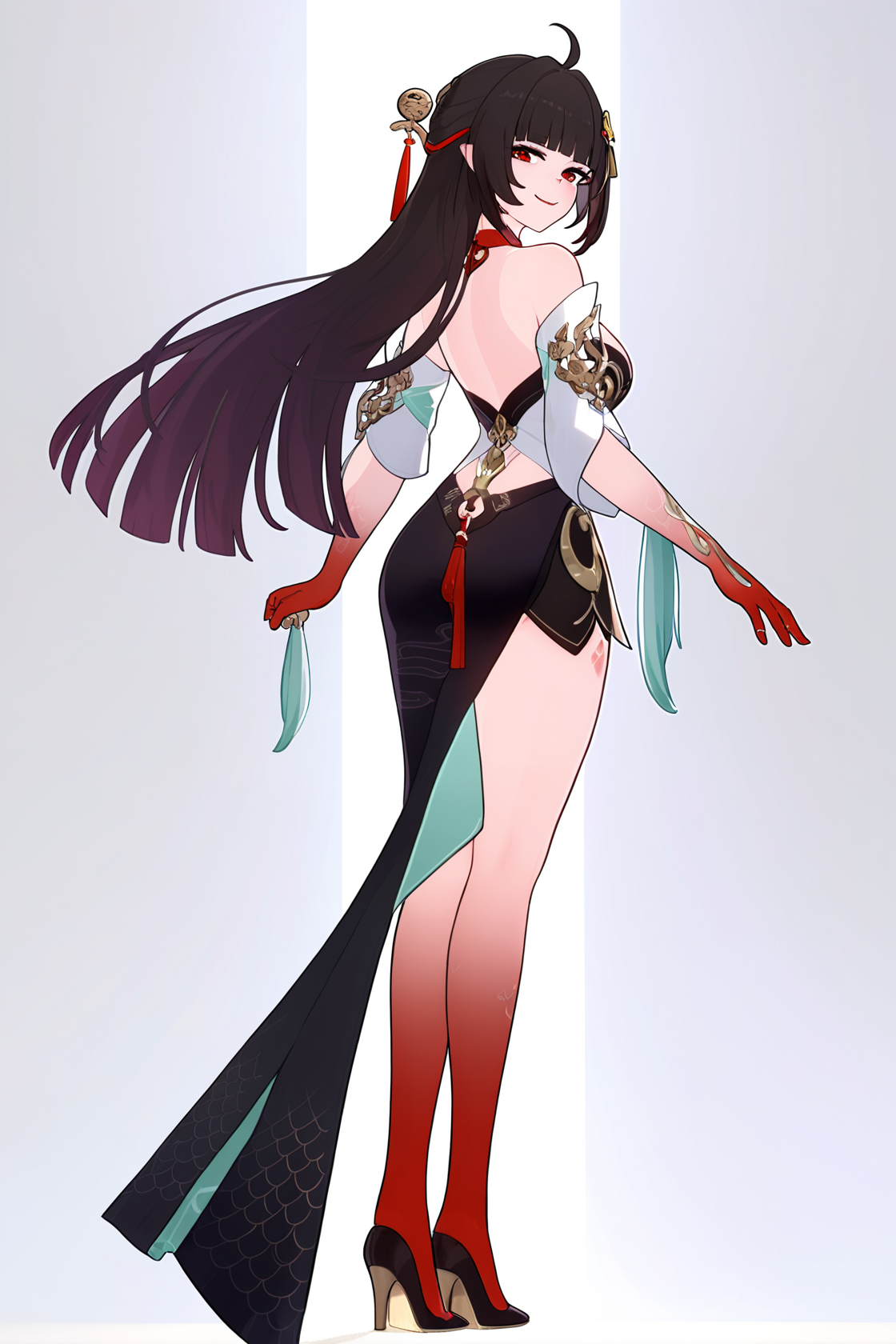 8k, best quality, masterpiece, (ultra-detailed), (high detailed skin), 
full body, full shot, standing, looking at viewer, (solo:1.2), simple background, white background, from behind, looking back, looking at viewer, evil smile, up-down
<lora:lingsha-a3-Tanger-000014:0.8>, lingsha, default clothes, red hands, red feet, black dress, 1girl, long hair, black hair, breasts, ahoge, high heels, 
A full-body portrait of a young girl, standing gracefully, pastel art style, high-key lighting, shoujo manga influence, hd quality, delicate details,