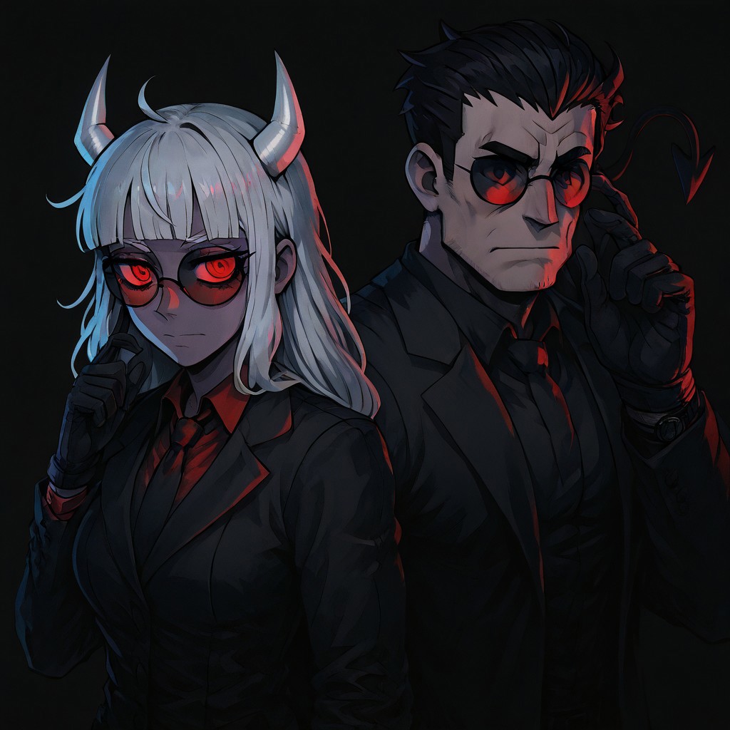 masterpiece, best quality, newest, absurdres, highres, 
SDPV1.0, Duo, duo focus, simple background, black background, neon lights, NeoAV1.0, ultraviolet light,
1boy, helltaker (helltaker), black hair, short hair, muscular, muscular male, sunglasses, glasses, 
1girl, lucifer (helltaker), black suit, red necktie, black collared shirt, black gloves, blunt bangs, demon horns, demon girl, demon tail, red eyes, white hair, long hair