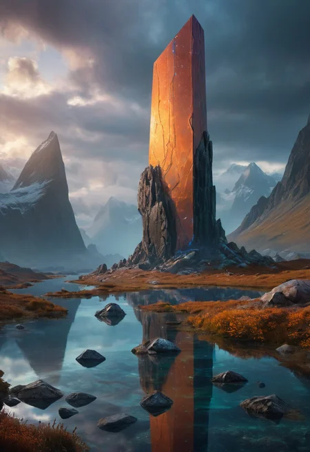 extremely detailed, landscape of an unknown planet, (futuristic monolith:1.8), the monolith is (covered:1.1) with minerals and rare crystals of an alien type, The crystal has sharp, geometric facets in shades of deep orange and blue, amethyst, and emerald, with a subtle internal glow, futuristic landscape, lake, cloudy weather, unreal engine 5, perfect composition, vibrant, rtx, hbao, extremely detailed, maximum resolution, 8k, (perfect composition:1.2), superior color grading,  (realistic:1.4), (panoramic composition:1.5), (night photography:1.5), complementary colors, foggy atmosphere, lord of the rings style