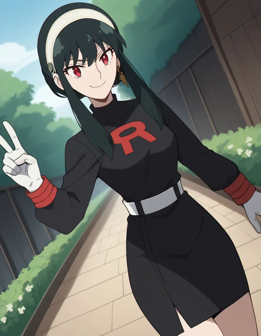 score_9, score_8_up, score_7_up, source_anime, yorbriar, <lora:yor-briar-s1-ponyxl-lora-nochekaiser:1>, yor briar, black hair, red eyes, earrings, white hairband, hairband, long hair, sidelocks, medium breasts,, <lora:team-rocket-uniform-ponyxl-lora-nochekaiser:1>, team rocket uniform, black hat, black shirt, black skirt, white belt, white gloves, single letter,, smile, smug, v, outdoors,, cowboy shot, dutch angle, looking at viewer,