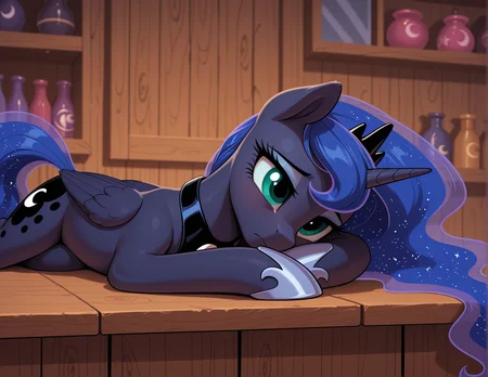 resolution, masterpiece, high resolution, (SOLO: 1.2) my little pony, friendship is magic, wild, detailed background,
,pony earth ponies,shop,, front view, head, lying on counter, sad, unhappy, <lora:Princess_Luna:1>Princess Luna is an alicorn, her body is the dark blue of the night sky,
Her mane and tail are long and wavy, Her eyes are green, , She wears a crescent-shaped ornament on her neck, and a crown on her head.