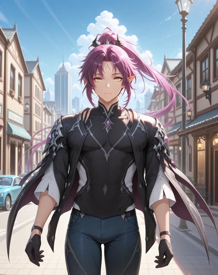 masterpiece,best quality,amazing quality, newest, very aesthetic, absurdres,
1boy, solo, yaoi, male focus, looking at viewer, cowboy shot, standing,
<lora:Veigas_FSI_ilxl:1> veigasfsi, black gloves, forehead mark, pointy ears, purple hair, high ponytail,yellow eyes, floating hair,
white shirt, jeans, sneakers,
outdoors, day, blue sky, building, street, road, lamppost, car,