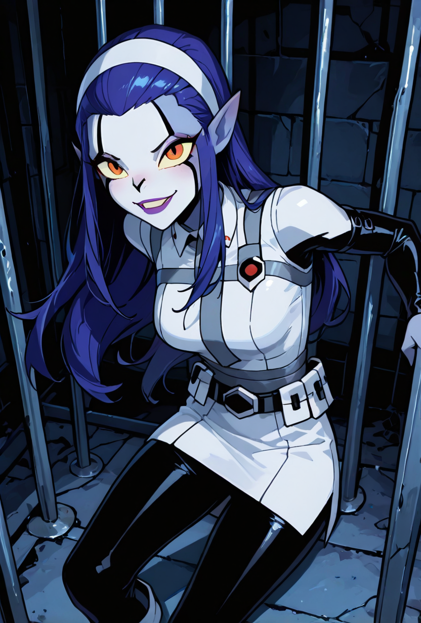 <lora:rookshar-10:1> rookshar, blue hair, colored skin, yellow sclera, long hair, 1girl, purple lips, white hairband, pointy ears, white suit, black sleeves, black pants, white skirt, short skirt, utility belt, smile,   <lora:748cmSDXL:1> 748cmstyle, dark room, single light source, behind bars, in prison, sharp canines, teeth, dynamic pose, masterpiece, best quality, amazing quality, very aesthetic, absurdres, newest,