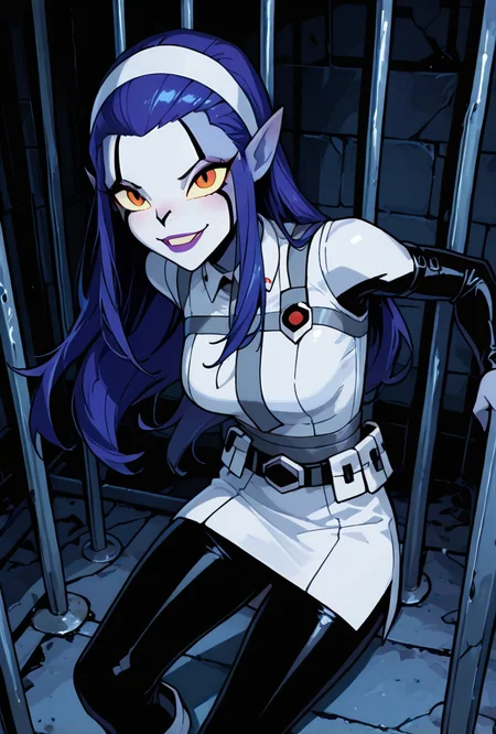 <lora:rookshar-10:1> rookshar, blue hair, colored skin, yellow sclera, long hair, 1girl, purple lips, white hairband, pointy ears, white suit, black sleeves, black pants, white skirt, short skirt, utility belt, smile,   <lora:748cmSDXL:1> 748cmstyle, dark room, single light source, behind bars, in prison, sharp canines, teeth, dynamic pose, masterpiece, best quality, amazing quality, very aesthetic, absurdres, newest,