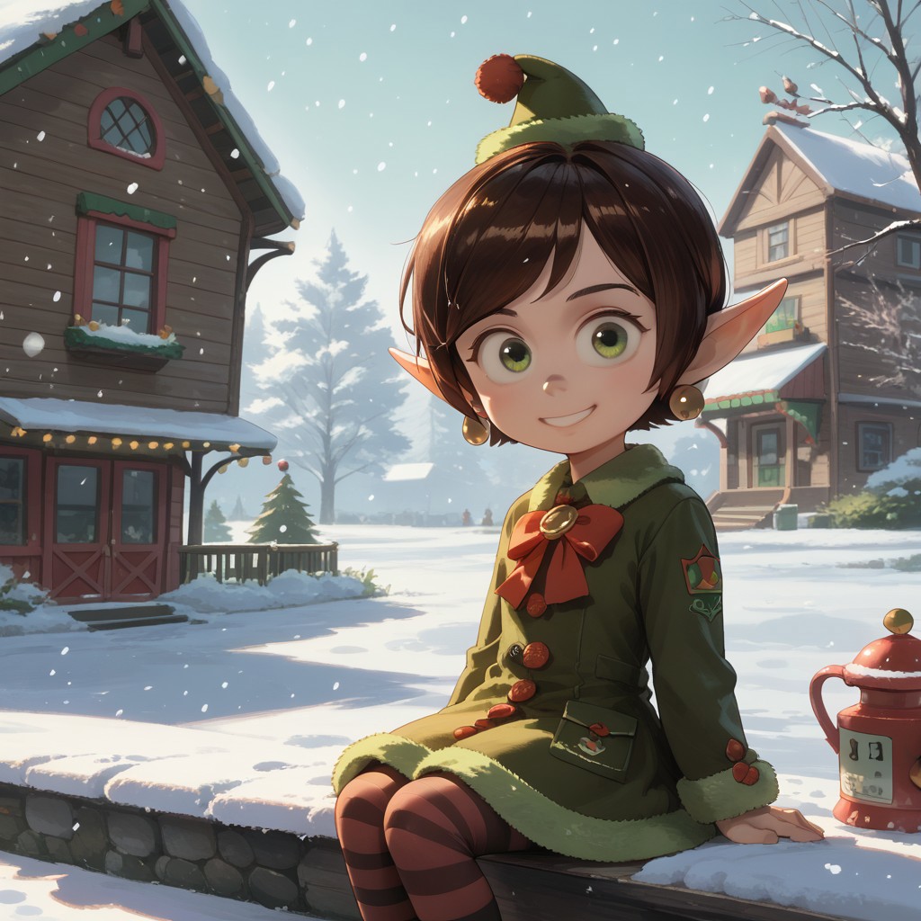 score_9, score_8, score_7, break, magee_pal, 1girl, brown hair, short hair, green eyes, pointy ears, hat, earrings, bow, dress, sitting, outdoors, striped pantyhose, smiling, looking at viewer, snow, snowing, natural lighting