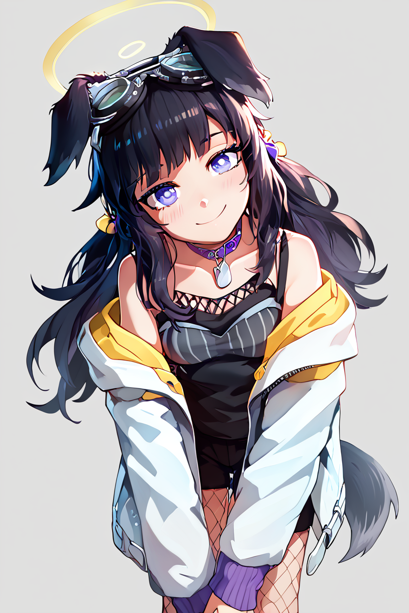 score_9, score_8_up, score_8, medium breasts, (curvy), cute, eyelashes,       BREAK, , ,,, zzHibiki, yellow eyes, black hair, long hair, animal ears, dog ears, dog tail, halo, (black shirt), white jacket, open jacket, black shorts, boots, fishnet pantyhose, off-shoulder, dog tags, purple eyes, <lora:Hibiki_BlueArchive_PDXL_v2:0.8>,   ,,,, BREAK, looking at viewer, ,,, smile, upper body, leaning forward, head tilt, ,,, embedding:zPDXL, Expressiveh, ,,, <lora:theButcherXPDXL:0.8>, <lora:CatalystStylePDXL:0.6>, <lora:SDXLFaeTastic2400:0.5>, <lora:Expressive_H-000001:0.4>,