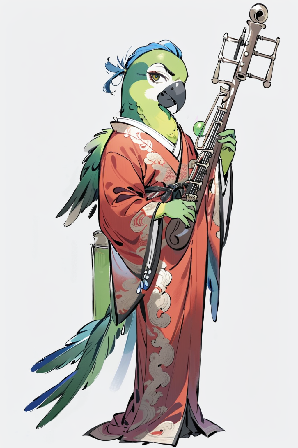 (((masterpiece))),(((best quality))),((ultra-detailed)), ani,A green parrot dressed in a red brocade robe, holding a pipa, sings melodiously, expressing its innermost feelings.,white background, full body,Role concept design, <lora:InkAni-000016:0.8>