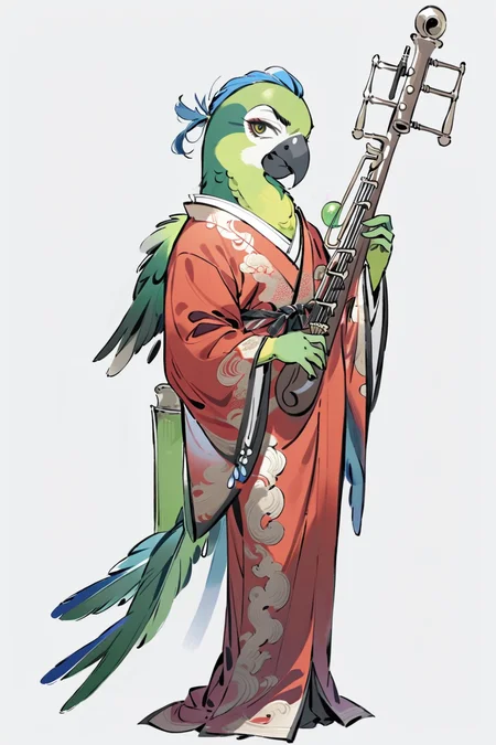 (((masterpiece))),(((best quality))),((ultra-detailed)), ani,A green parrot dressed in a red brocade robe, holding a pipa, sings melodiously, expressing its innermost feelings.,white background, full body,Role concept design, <lora:InkAni-000016:0.8>