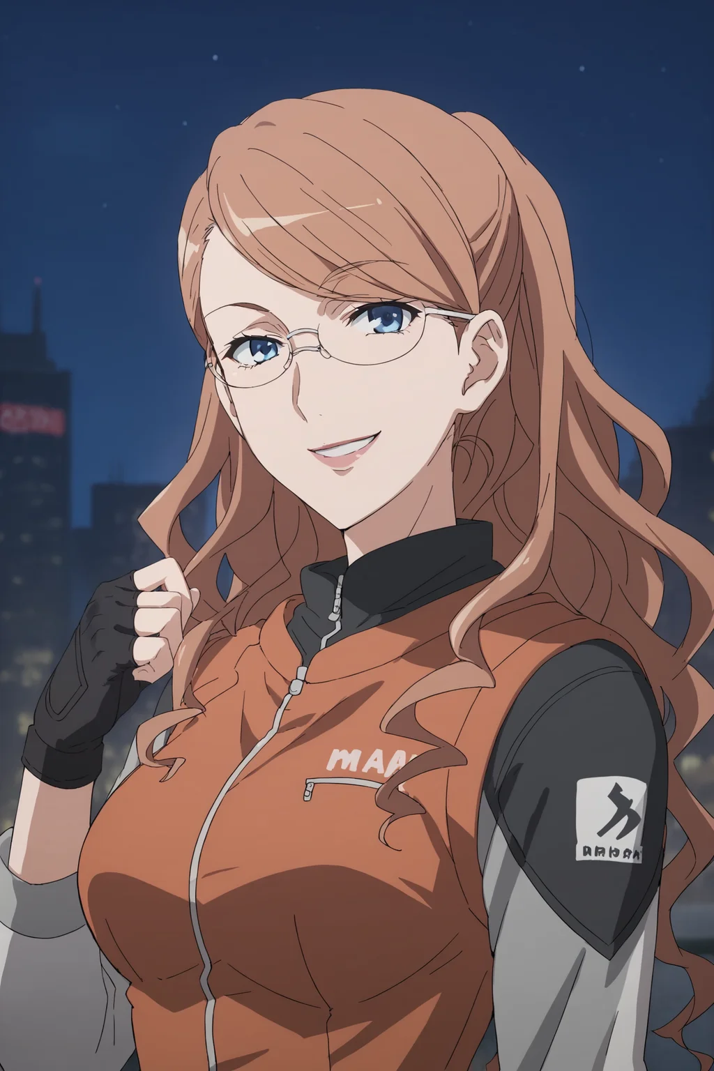 therestina kihara lifeline, brown hair, long hair, wavy hair, blue hair, glasses, thterestinamar, long sleeves, grey shirt, orange vest, black gloves, fingerless gloves, black belt, grey pants, <lora:Therestina_Kihara_Lifeline:0.8>, score_9, score_8_up, score_7_up, score_6_up, score_5_up, source_anime, rating_safe, medium breasts, outdoors, city, (night:1.4), 1girl, solo, looking at viewer, <lora:age_slider_v4:3>, smile, (dynamic pose:1.2), (upper body:1.2)
