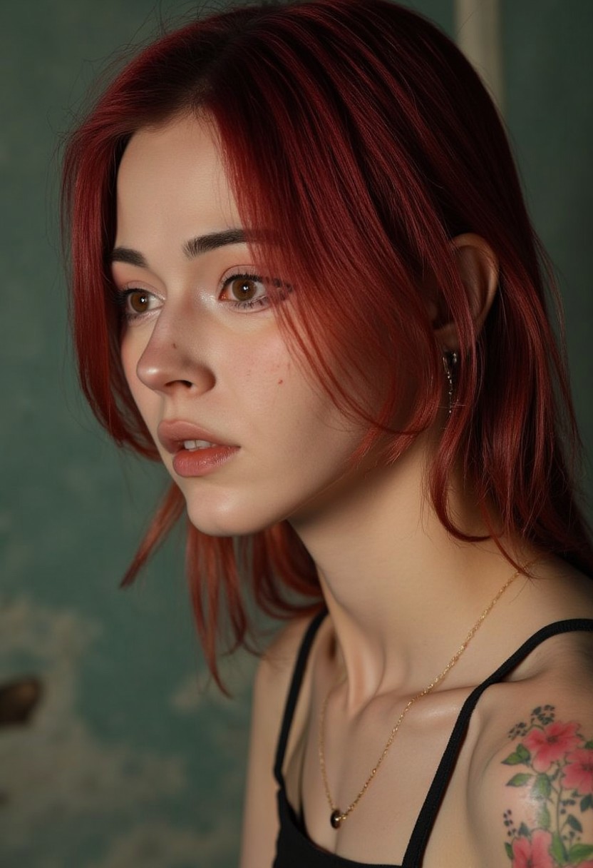 Hyperrealism, extreme close-up Portrait of a young woman KTNK.  making this image a masterpiece of photography and digital art. Style: realistic hyper-detailed rendering, 32k UHD, expressive eyes, punk, graphic design, pink hibiscus tattoo, girl's face, side view, pretty and cute, gleaming lips, white skin, telling a tale of adventure. Exuding confidence and serenity. Vibrant tattoos adorn her sun-kissed skin
