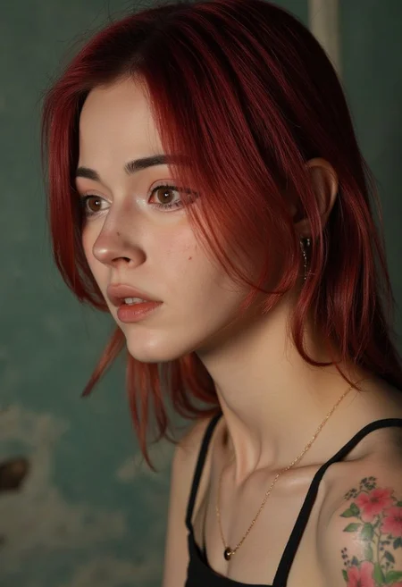 Hyperrealism, extreme close-up Portrait of a young woman KTNK. making this image a masterpiece of photography and digital art. Style: realistic hyper-detailed rendering, 32k UHD, expressive eyes, punk, graphic design, pink hibiscus tattoo, girl's face, side view, pretty and cute, gleaming lips, white skin, telling a tale of adventure. Exuding confidence and serenity. Vibrant tattoos adorn her sun-kissed skin