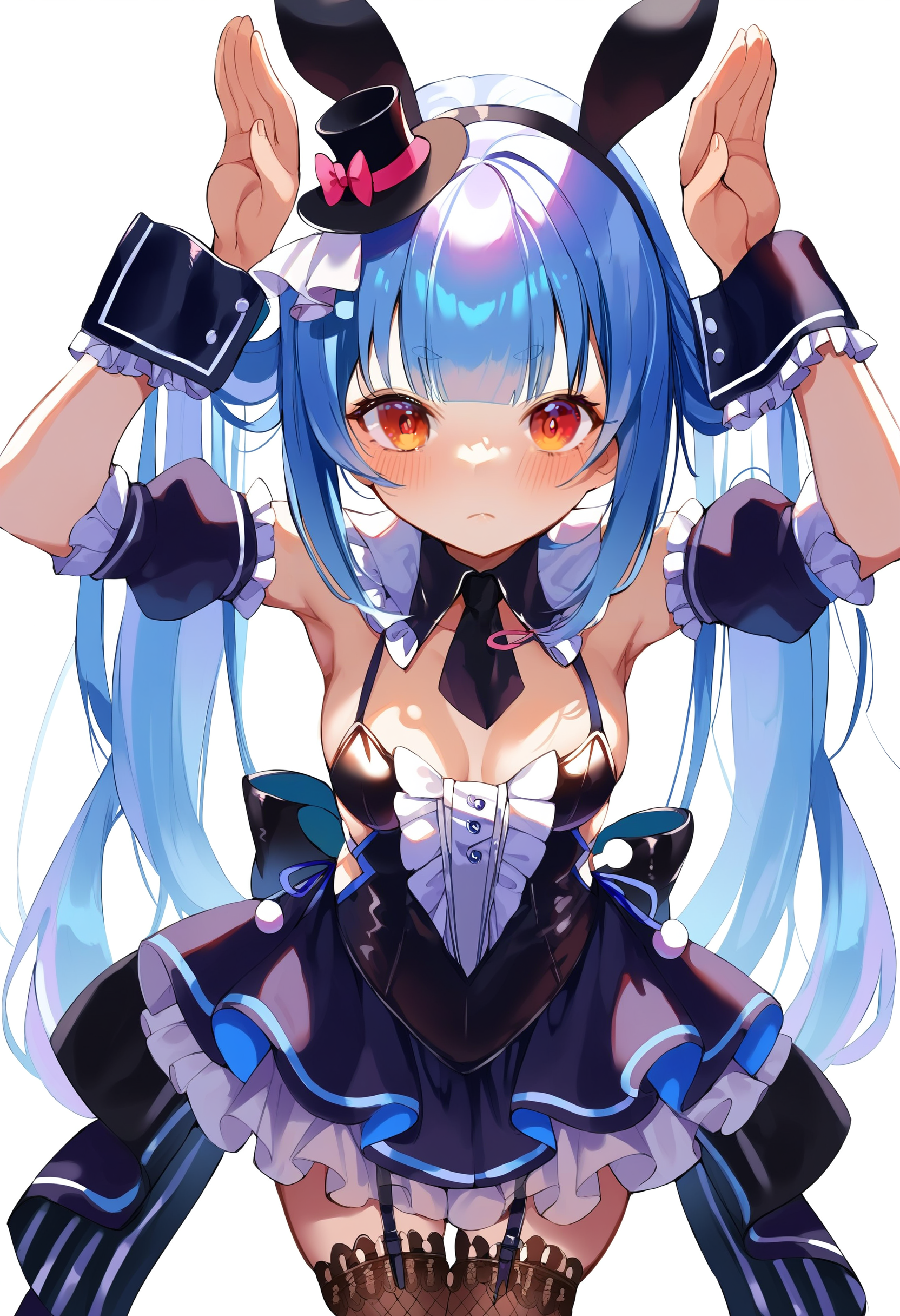 score_9, score_8_up, score_7_up, score_6_up, source anime,
usada pekora, very long hair, official alternate hairstyle,
usada pekora bunnydress, fake animal ears, garter straps, fishnet thighhighs, black thighhighs, black dress, detached sleeves, puffy short sleeves, playboy bunny, detached collar, frills, shiny clothes,
top hat, blush, arms up, small breasts, mini hat, rabbit pose, rabbit-shaped pupils, mini top hat, symbol-shaped pupils, cleavage, closed mouth, black headwear,
white background, backlighting, from above, leaning forward
<lora:usada_pekora_v1:1>