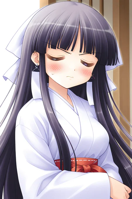 masterpiece, best quality, absurdres, official art, official style, general BREAK <lora:arisakamatsuri_IL_v1-2:0.7>, arisaka matsuri, 1girl, solo, purple eyes, black hair, purple hair, very long hair, blunt bangs, hime cut, sidelocks, hair ribbon, white ribbon, medium breasts, large breasts, earrings, miko, white kimono, long sleeves, wide sleeves, upper body, portrait, close-up,
blush, = =, closed eyes, closed mouth, pout, v-shaped eyebrows