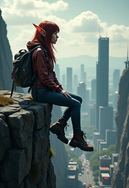 close-up of a hitchhiking woman with red hair stylized as an elf with pointy ears sitting on the edge of a cliff above a cyberpunk city, her feet dangling above the abyss <lora:Dever_Flux_Enhancer:0.5>