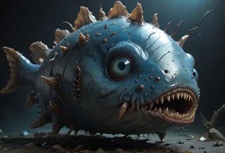 cinematic, anglerfish chonkasaurus, scifi, slimey, raytracing, HD, 4k, floating energy, night, dark, blue eyes, (energy effects:1.3), <lora:chonkasaurus-000003:1>, <lora:add-detail-xl:2>