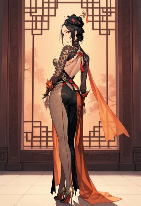 (score_9, score_8, score_7), masterwork, masterpiece, best quality, beautiful eyes, beautiful face, detailed eyes,detailed face, 1girl, guibin, red and gold korean-style dress, black lace mesh sleeves, exposed shoulders and back, gold metallic chest armor, high slit skirt, red ribbon and floral ornaments, golden waist armor, fishnet stockings, translucent orange back drape, sharp metallic cuffs and claw-like accents, high heels, tight-fitting silhouette, highly detailed fabric texture, sheer sash, black fishnet leggings, frontal confident posture