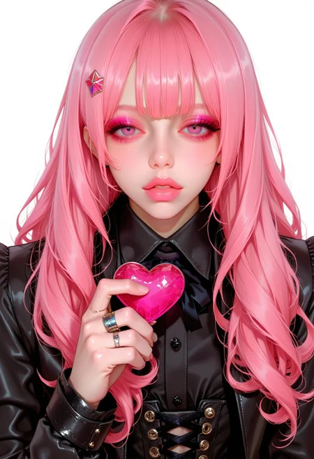 GoonJam, (((1female, female Focus, perfect female))), (((perfect faces, perfect eyes, perfect dynamic pose))), ((( 1female))), ((( ethereal and beautiful female, with long wavy pink hair, pink eyes, with a gothic elegant dress lacy, pretty, long pink eyelashes, cute look, blushing, with iridescent effect, piercing septum, wears lots of jewelry, ear piercings, black leather jacket, shirt_black with logo metal band, spiked bracelets, no tattoos, very attractive, rude emo, in love expression, throwing kisses))), ((coquette expression, expressive face, soft blush)), Soft lighting, elegant shading, detailed shadows. (((white background))), floating on a white background, best quality, high resolution, 4k, perfect illustration, ((((full body)))), ((holding out a large faceted pink glass heart)