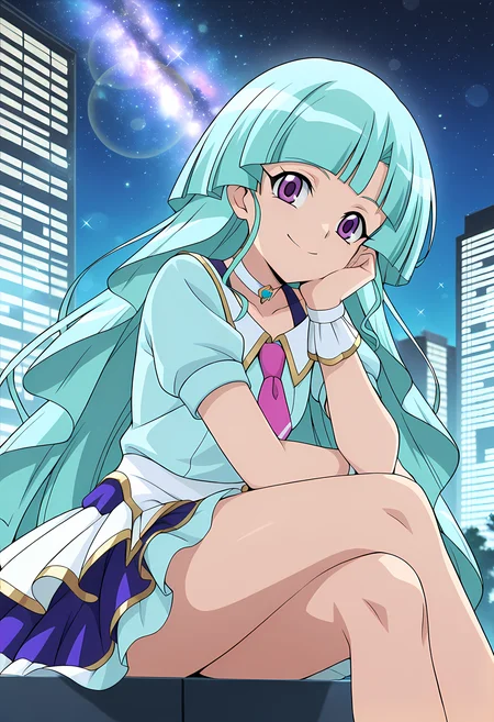 masterpiece,best quality,amazing quality,
solo,
Saya Yatomi (Cardfight Vanguard), long hair, aqua hair, purple eyes, choker, jewelry, necktie, short sleeves, idol, idol outfit, skirt,
looking at viewer, smile, cheeks leaning on arm,
cinematic, crossing legs,
Outdoors, night, On top skyscraper, sci-fi city, (galaxy sky:1.2),
Lens flare, bloom, detailed shadow,
Official style, anime screencap, anime coloring,