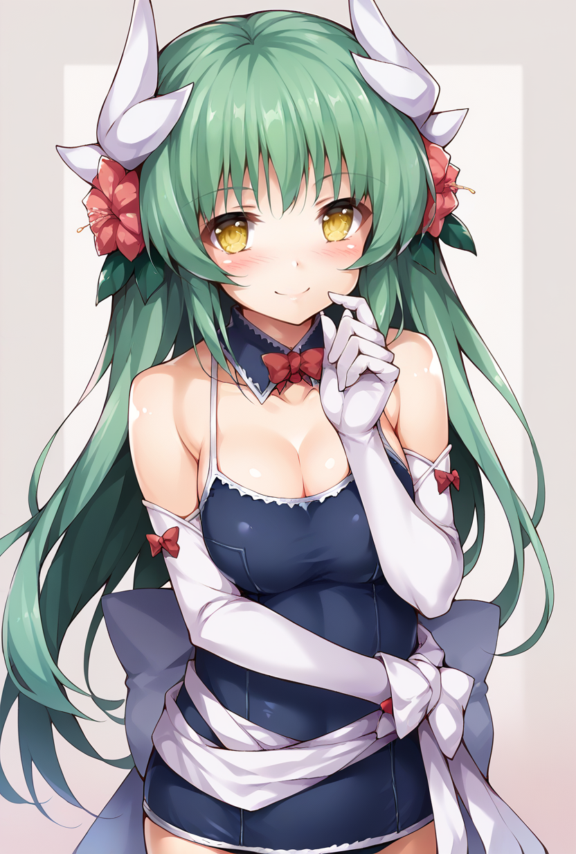 score_9,score_8_up,score_7_up,score_6_up,score_5_up,score_4_up, source_anime,  <lora:kiyohime_(lancer)_XL_1:1>  bbkiyo, long hair, green hair, white horns, hair flower, yellow eyes, detached collar, cleavage, school swimsuit, blue one-piece swimsuit, elbow gloves, white gloves, sash, blush, smile,    <lora:blastbeat-Style-PonyXL-000017:1>