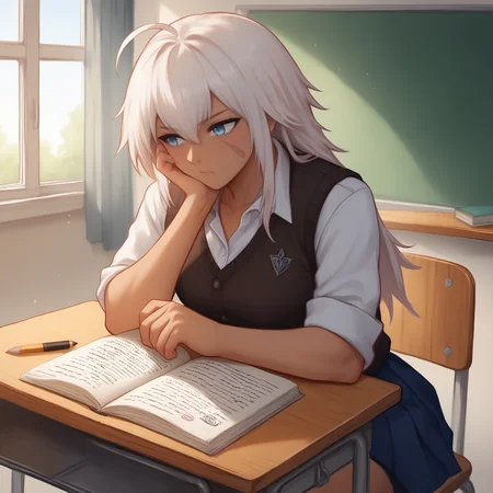 score_9, score_8_up, score_7_up, score_6_up, score_5_up, school, classroom
BREAK indiana, dark skin, face scar, school uniform, sitting, desk, bored, notebook, pencil
<lora:Indiana-AzurLane_ponyXL_v30:1>