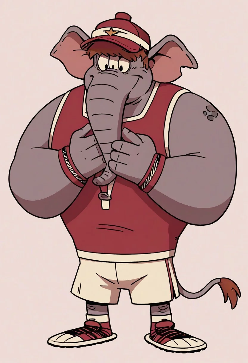 (score_9 | score_8_up | score_7_up)
((masterpiece:1))(best quality,very high quality,ultra detailed:1.2)
(2D,cartoon style,anime style)(Smooth:2)(clean blurring)
(four fingers on each hand,one thumb on each hand:1), Abu elephant, solo, brown hair, grey skin, black eyes, trunk, trunk nose, elephant trunk, elephant ears, monkey tail, purple vest, red and purple hat, alien, muscular, +++three eyes, extra eye, grey skin color, full body