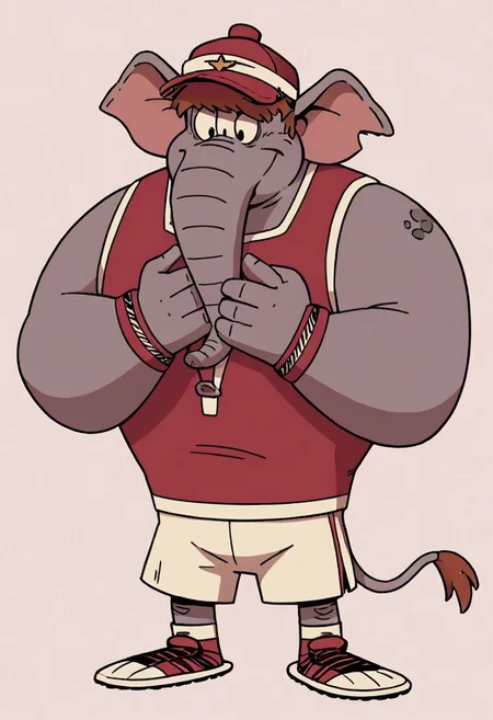 (score_9 | score_8_up | score_7_up)
((masterpiece:1))(best quality,very high quality,ultra detailed:1.2)
(2D,cartoon style,anime style)(Smooth:2)(clean blurring)
(four fingers on each hand,one thumb on each hand:1), Abu elephant, solo, brown hair, grey skin, black eyes, trunk, trunk nose, elephant trunk, elephant ears, monkey tail, purple vest, red and purple hat, alien, muscular, +++three eyes, extra eye, grey skin color, full body