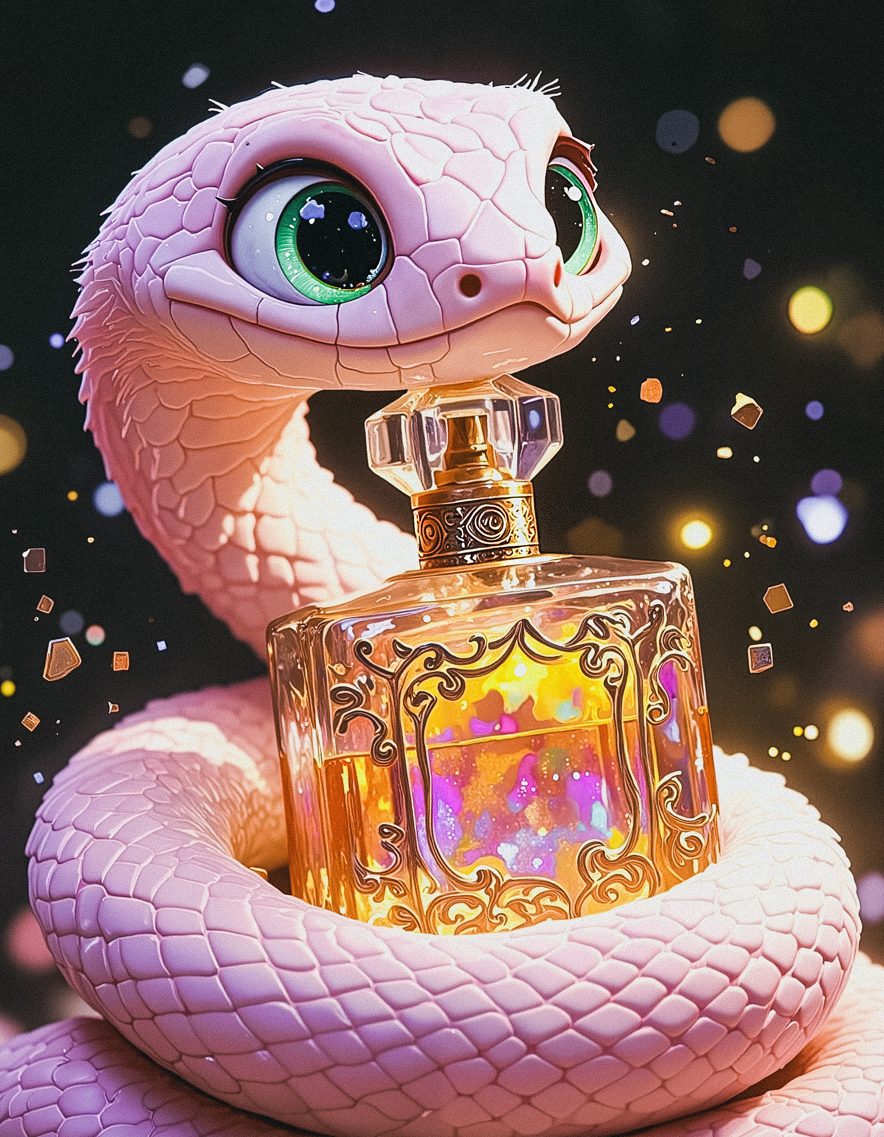 A whimsical, ultra-cute pink snake with an incredibly fluffy texture, its body covered in soft, pastel-pink scales that shimmer faintly under the light. Its wide, expressive eyes are a vibrant, glossy green, filled with wonder and a perpetually surprised expression, giving it an endearing, cartoonish charm. The snake is playfully curled around a luxurious, ornate perfume bottle, its coils gently hugging the glass. The bottle is a masterpiece of design, with intricate golden filigree patterns etched into its surface, reflecting light like a prism. The liquid inside glows with a mesmerizing, iridescent hue, casting a soft, colorful radiance that illuminates the scene. The bottle is the sole light source, creating a dreamy, magical ambiance with its warm, golden glow and scattered rainbow reflections dancing across the snake’s fluffy body and the surrounding darkness. The background is a deep, velvety black, making the vibrant colors of the snake and bottle pop vividly, creating a striking contrast.