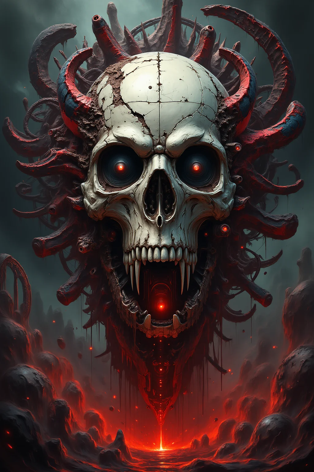 yfg-sm0rg, Abstract digital painting with dark and red hues, depicting a menacing skull with a shattered, chaotic background, featuring fragmented, roller-coaster- like structures, with intricate textures and vibrant colors. The scene should include a rich variety of elements, each contributing to the overall atmosphere. Lighting should be soft, diffused, and natural, enhancing the depth and realism of the scene. The mood is to be calm yet vibrant, creating a sense of serenity and wonder. Every detail in the scene should be meticulously rendered, emphasizing the contrast between light and shadow, and capturing the fine textures and subtle gradients. The color palette should be carefully chosen to evoke emotion, with each hue enhancing the aesthetic appeal of the overall composition. The final image should be immersive and captivating, drawing the viewer into its intricately detailed world.