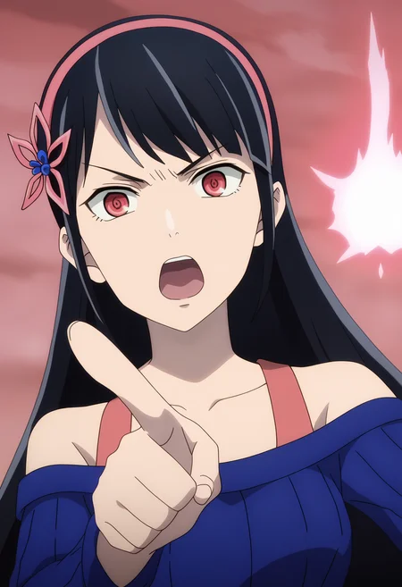 score_9, score_8_up, score_7_up, source_anime, rating_explict,
BREAK
1girl, solo, anime screencap, anime coloring, yeonflame, fire, flameaura,
<lora:shiYeonFinalV1:1>, long hair, black hair, red eyes, hair ornament, hairband, hair flower,
off shoulder, blue sweater, sweater dress,
looking at viewer, open mouth, angry, pointing at viewer,
pink background, pink theme, red sky, red theme, shaded face, anger vein,