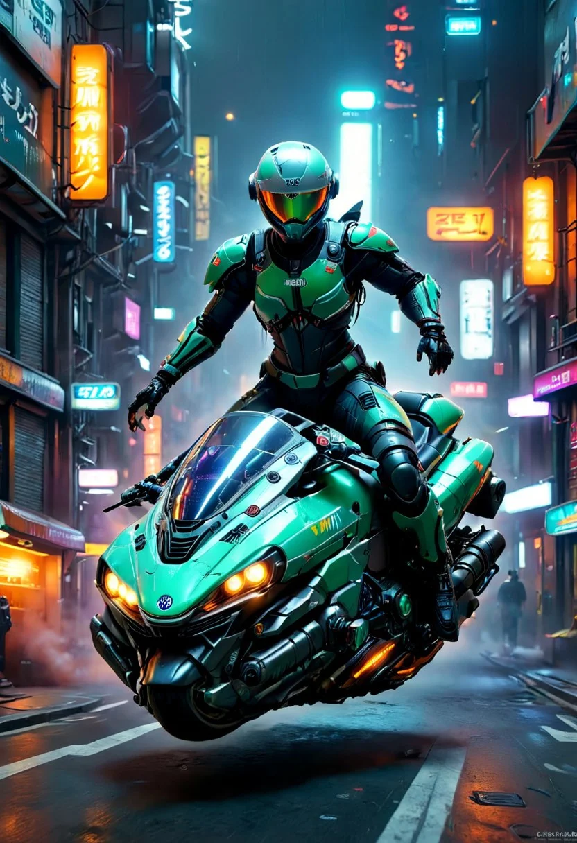 sci-fi, cyberpunk, vehicle, yamaha, hover_bike, multicolored, ((wheelless motorcycle)), (no wheels:1.25), cyborg helmet, city background, night,