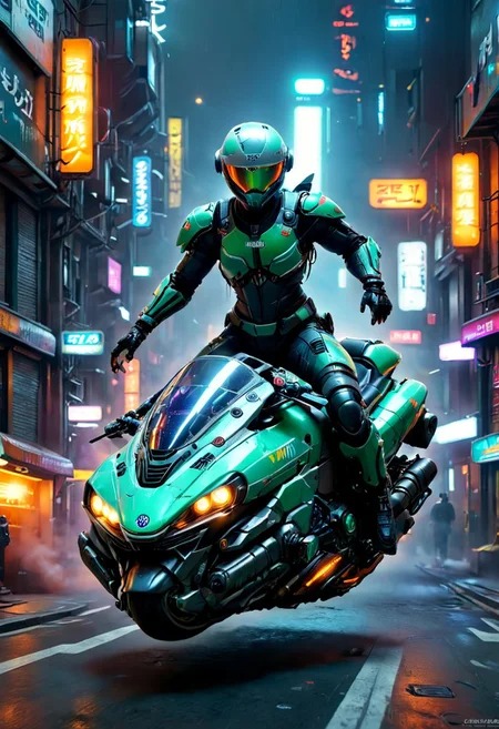 sci-fi, cyberpunk, vehicle, yamaha, hover_bike, multicolored, ((wheelless motorcycle)), (no wheels:1.25), cyborg helmet, city background, night,