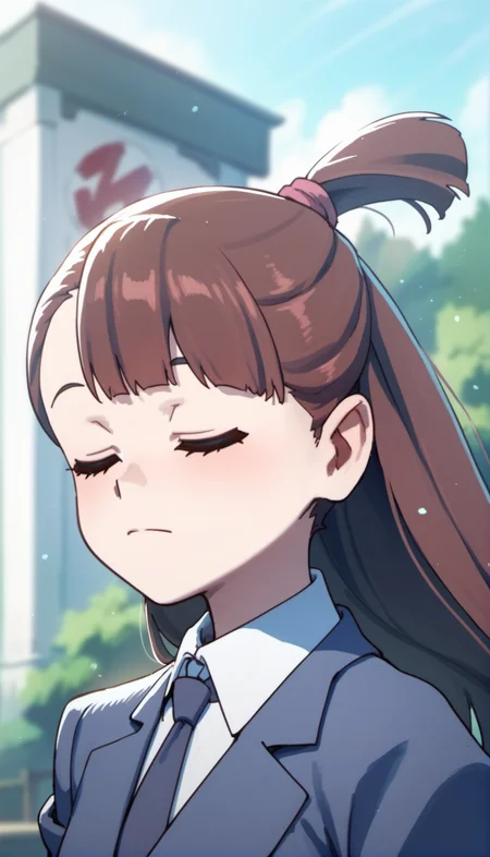 score_9,score_8_up,score_7_up,
<lora:AtsukoKagari:0.9>,akkokagari,
1girl,solo,brown hair,long hair,bangs,short ponytail,pink hair tie,closed eyes,white collar,portrait,(face focus:1.1),
blurry background,outdoors,bloom,light particles,lens flare,