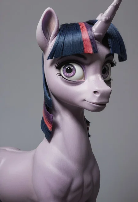 score_9, score_8_up, score_7_up, score_6_up, score_5_up, score_4_up, Realistic, solo, slender, slim, twilight sparkle, no humans, horn, unicorn, horse, pony, female, mare, unicorn, calm, unkempt mane, rear view, looking back, looking over shoulder, smirk, (fur:0.9), big eyes, realistic, photo, detailed, beautiful, small eyes, realistic eyes, c1op1c1an, face focus, eyes popping out