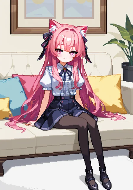 (1girl:1.2),best quality,amazing quality,very aesthetic,absurdres,official art,intricate details,hyperdetailed,BRAKE,
pixel_art,cat ears,<lora:Pixel_ArtPony:0.75>,pink hair,skirt,black pantyhose,sitting on sofa,full body,(bedroom),sofa,naughty smile,:3,