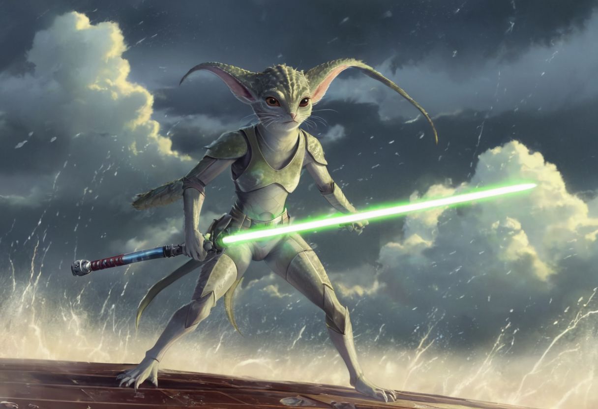 a (solo:1.5) black white lizard with (star wars armor:1.5)  sword on belt  (cockpit instruments view:1.5) inside star-wars style spaceship over (ocean:0.5) (waves:0.5), in the middle of sea, many meteors,
dawn, heavy rain, wind, windy, typhoon, hurricane, tropical storm, fog, mountain, sky, cloud, deluge, rainforest, 
(anime:1.5) , anime screencap in mnst artstyle, full body character portrait landscape