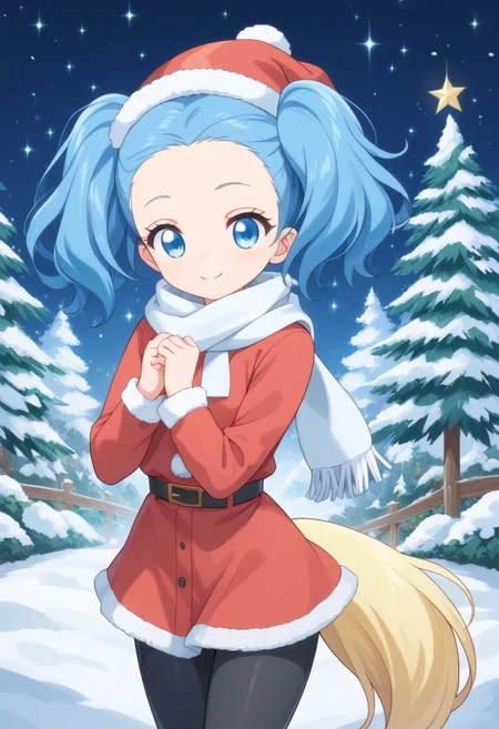 score_9, score_8_up, score_7_up, score_6_up, score_5_up, BREAK
sapphiehuman, twintails, blue eyes, blue hair, tail, hair ornament, head wreath,forehead, 1girl, solo, smile, blush, looking at viewer, outside, snow, christmas trees, (red santa outfit, santa hat), scarf, sparkles, night time, long sleeves, black leggings, forehead