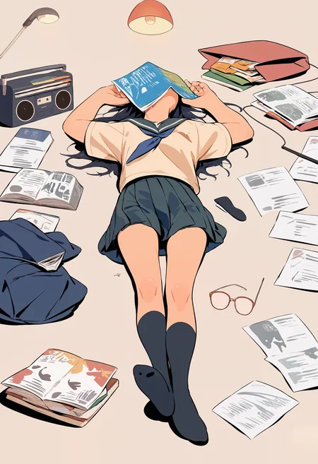 score_9, score_8_up, score_7_up, source_anime, amazing quality, newest, absurdres, 1girl, solo, sailor collar, pleated shirt, school uniform, unworn sock, lying, on back, arms outstreched, desk lamp, glasses, books, radio, paper, newspaper, <lora:semham4-pony-000025>,