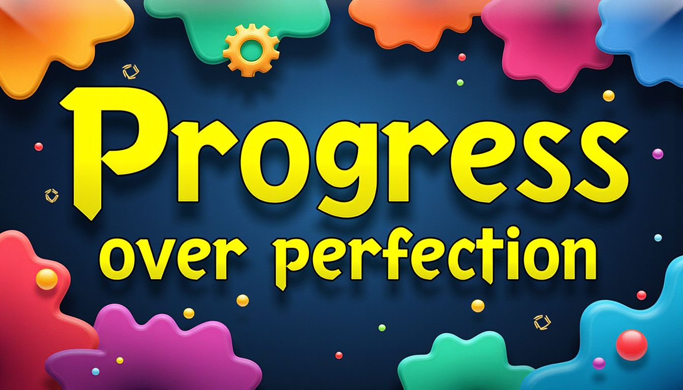 <lora:SC2Font:0.5>A SC2StyleFont text that says "Progress over perfection" in Fluorescent Yellow letters, over a colorful shapes, unfolding background. Under the text, draw an icon that captures the meaning of the words