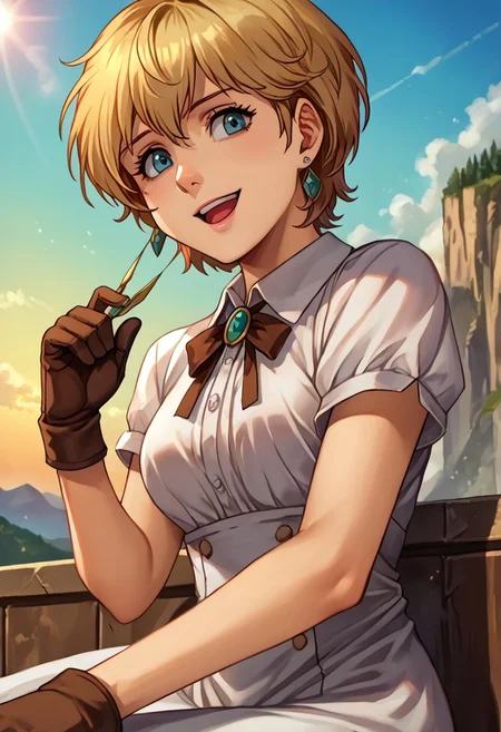 score_9, score_8_up, score_7_up, source_anime,
, (best quality) , (highly detailed) ,masterpiece ,absurdres ,detailed face ,beautiful face ,
<lora:pony_xl_Hildegard:0.8>,Hildegard,score_9,score_8_up,1girl,female,kawaii,solo,short hair,earrings blond hair
  hair ribbon, white dress, long dress, collared shirt, yellow shirt, short sleeves, neck ribbon, brown ribbon, gloves, dutch angle, head tilt, smile, happy, open mouth, looking at viewer, sitting, sunrise, sunlight, lens flare, gradient sky, backlighting, mountainous horizon, depth of field, perspective,
best quality, masterpiece, very aesthetic, 
OverallDetail