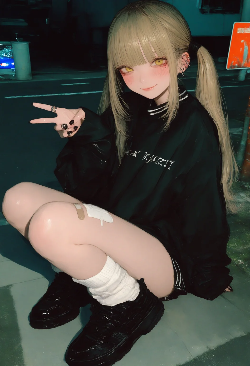 1girl,
very awa, photo background, realistic, dark theme, 748cm, solo, blonde hair, long hair, v, sitting, twintails, socks, jewelry, looking at viewer, piercing, smile, ring, ear piercing, black footwear, white socks, blunt bangs, long sleeves, closed mouth, sleeves past wrists, blush, mole, yellow eyes, multiple rings, earrings, bandaid, sidelocks, shoes, bandaid on leg, full body, mole under eye, black nails,
A young girl sitting on the ground with her legs crossed. she has long blonde hair tied up in two pigtails and is wearing a black jacket, white tights, and black sneakers. the background shows a city street at night with buildings and neon signs. the overall mood of the image is dark and mysterious.
masterpiece, best quality, photo-referenced, painting \(medium\)
<lora:748cm-NoobEPS100-lokr-v03-000080:1>