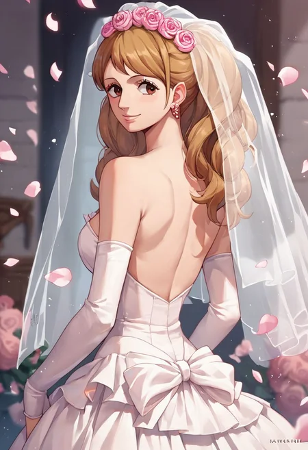 score_9, score_8_up, score_7_up, source_anime, solo, 1girl, Charlotte Pudding, light brown hair, pigtails, lips, brown eyes, wedding dress, wedding veil, Two eyes, smile, half body, looking back at viewer, standing, back view, wedding