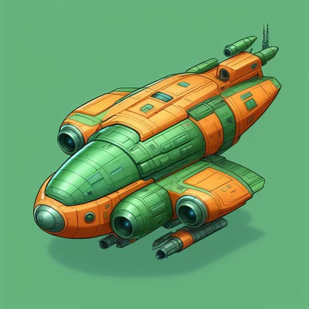 large orange spaceship, green background, fins, antennae, guns, landing gear, drop shadow <lora:Cute_Isometric_Spaceships_XL:1>