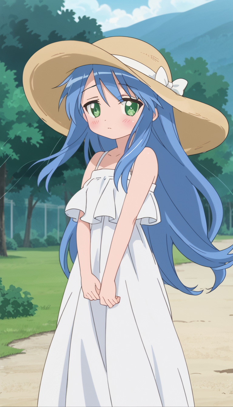 long hair,green eyes,blue hair,1girl,<lora:Kanata_Izumi-000009:0.8>,dress,hat,strap,blush,looking at viewer,wind,anime screencap,score_9,outdoors,
