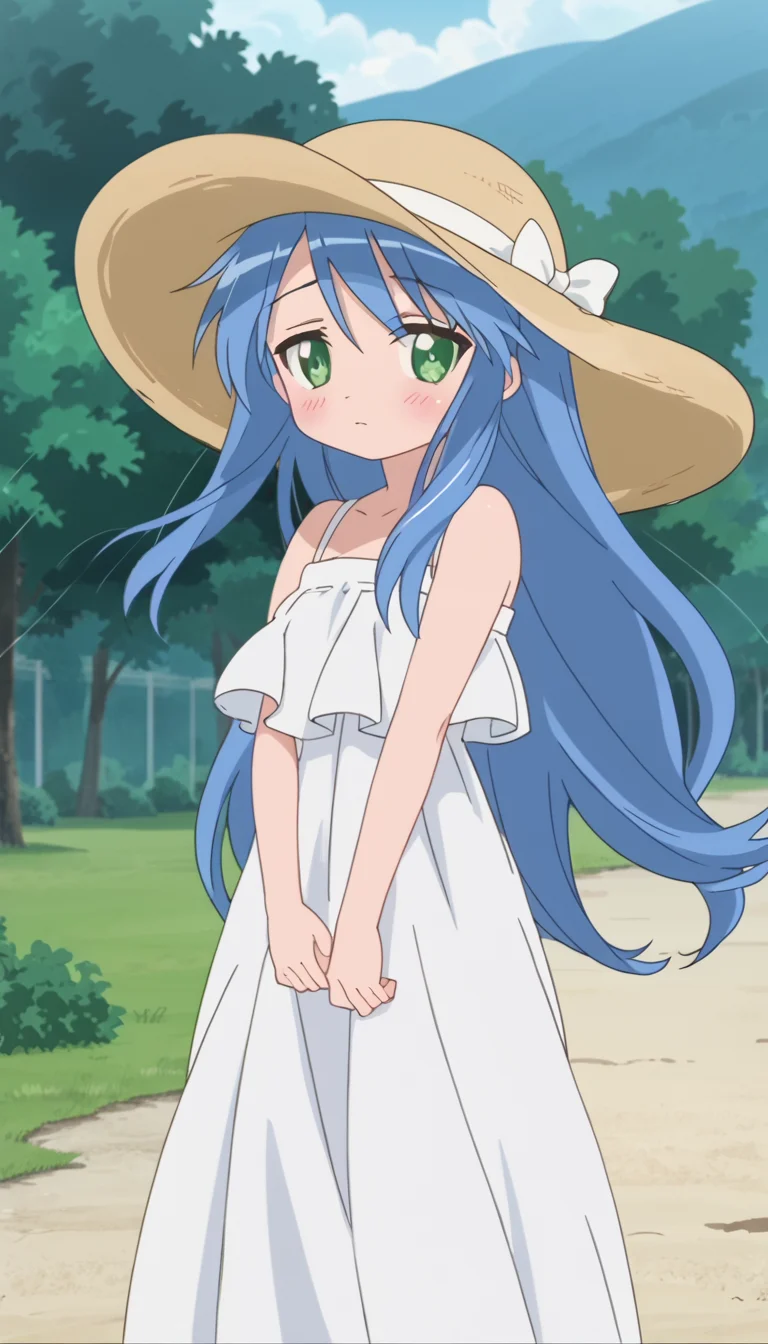 long hair,green eyes,blue hair,1girl,<lora:Kanata_Izumi-000009:0.8>,dress,hat,strap,blush,looking at viewer,wind,anime screencap,score_9,outdoors,
