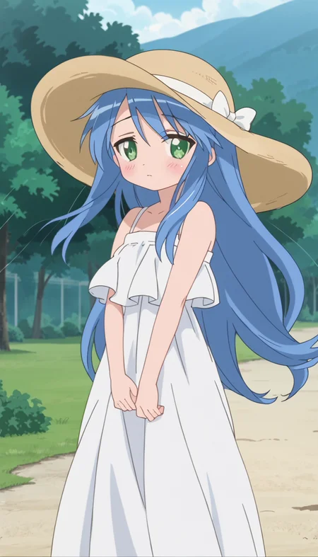 long hair,green eyes,blue hair,1girl,<lora:Kanata_Izumi-000009:0.8>,dress,hat,strap,blush,looking at viewer,wind,anime screencap,score_9,outdoors,