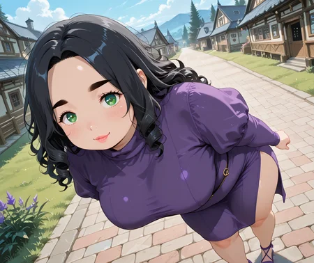 IllusP0s, PonyScores7, source_anime, ah1, IllustriousQual, interesting, exciting, spectacular, wonderful, amazing quality, absolutely eye-catching, very awa,
BREAK <lora:xl_more_art-full_v1:0.2>, <lora:aesthetic_anime_v1s:0.2>, <lora:detailxl:0.2>, detailxl, amazing quality, best aesthetic, absurdres, illustration, Volumetric_Lighting, ultra-detailed, very aesthetic, intricate details, best_quality, lazympos, <lora:Add_Details_v1.2:0.4>, <lora:quality_modifiers_masterpieces_v1:0.2>, anime style, <lora:HDA_Detailer:0.3>, <lora:natsumi_style:0.2>, <lora:by_usakun-pony:0.2>, by usakun, <lora:Akina_Bbw_Style_-_PonyXL:0.2>, AkinBw,
BREAK (((performing steel-magic))), dynamic pose,
BREAK 1girl, mature female, (curvy), round-chin, caucasian, <lora:ETO_OC_Illustrius:0.5>, eto_oc, skindentation, (plump), thick thighs, wide hips, busty, voluptuous, round ass, large breasts, <lora:plussizegirls_IL:0.3>, <lora:plussizegirls_pony:0.3>, <lora:shinyskin2:0.2>, glistening skin, HDA_FatGirlXL, <lora:perfection style:0.2>, perfection style, perfection,
BREAK ((joyful purple wrap dress with a high slit and flutter sleeves paired with purple sandals)),
BREAK (curly hair), long hair, (black hair:1.4), (parted hair:1.7), messy hair, kinky curls, detailed hair, <lora:hairdetailpxl:0.2>, hairdetailpxl,
BREAK (half green and brown eyes), (colorful eyes), (multicolored eyes), (downturned eyes:1.4), expressive eyes, perfect eyes, eyes hd, detailed eyes, (round face:1.2), (thick eyebrows:1.3), (plump face), lips, <lora:Round_face:0.2>, iris lines, <lora:Detailed eyes-Illustrious:0.3>, iris and pupil, soft shimmer on the iris,
BREAK (((no pupils expression))), Expressive, emotional, looking at viewer, Face Detailed, <lora:Expressive_H:0.2>, Expressiveh, <lora:Emotional_Anime_Expressions_PonyXL_Concept:0.2>, <lora:Best_Facial_Expression_LoRA_PONY:0.2>, looking at viewer, <lora:Detailed expressive EXEV style -XL Pony V1.0:0.2>, FaceDetail, <lora:Best_Facial_Expression_Helper_XTREME_ILLU:0.4>, kaogei,
BREAK (((at a scenic historic village))), (((Eye-level angle, legs focus))), 4k, 8k, Ultra HD, Masterpiece, Best quality, Detailed background, foreshortening, extreme perspective, full_details, <lora:AddMicroDetails_Illustrious_v4:0.3>, addmicrodetails,