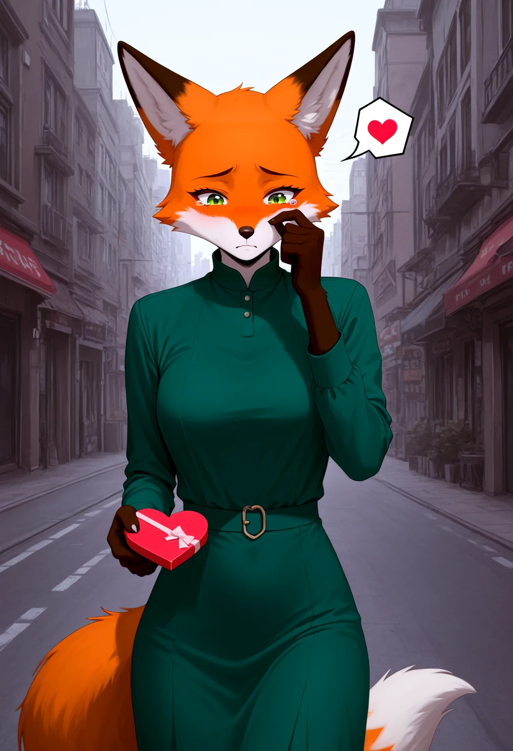 amazing quality, very aesthetic, absurdres, highres, newest, HDR, 8K, high detail RAW color art, intricate details, high contrast, detailed background, (masterpiece, best quality)
BREAK
source_furry, rating_safe, highres, high quality, perfection, detailed, high contrast,
valentine theme,
outdoors, city, cityscape, street,
1girl, solo, front view, upper body,
furry female, (anthro fox girl:1.2), beautiful girl, cute girl, adult, beautiful face, detailed face, perfect eyes, detailed eyes, green eyes, (no hair:1.2), fox tail,
clothed, green dress,
walking, spoken (broken_heart:1.6), sad expression, tearing up, tears, wiping tears, folded ears, holding, love_letter,
BREAK
\\ Made with ONE FOR ALL checkpoint by Chaos Experience @ https://civitai.com/user/ChaosExperience/ \\